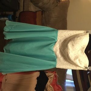 Teal and white short strapless dress